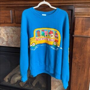 Vintage upcycled school bus blue USA made sweatshirt XXL whimsical retro animals